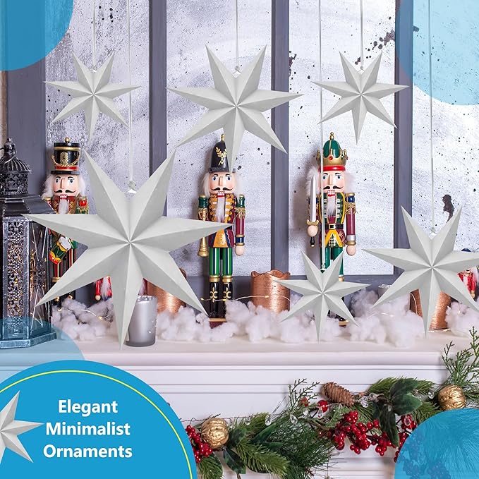 8 Pack 18 Inch/ 14 Inch/ 12 Inch/ 10 Inch 3D Paper Stars 7-Pointed White Hanging Paper Star Decorations for Christmas Holiday Wedding Birthday Party Room Decor, 4 Size
