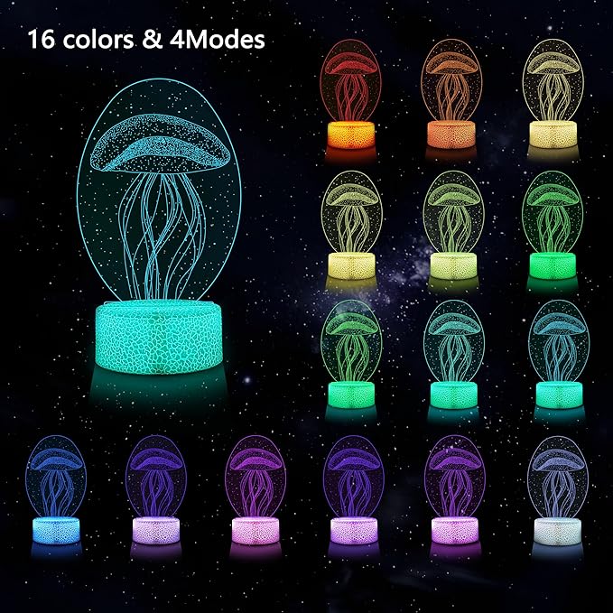 3D Jellyfish Night Light with Remote - 3 in 1 Ocean Acrylic Panels (Jellyfish, Dolphin, Shark), 16 RGB Colors ，4 Modes, USB/Battery(Not Included), Christmas Gift for Kids, Marine Theme Decor