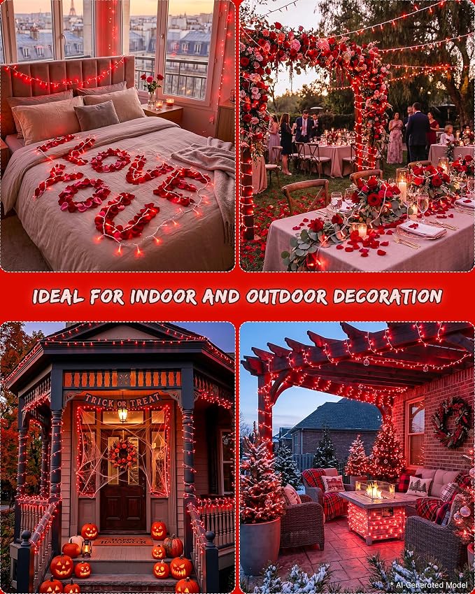 33FT 100 LED Red Christmas Valentine's Day Twinkle String Lights | Remote Control, 13 Modes with Memory, 4 Dimmable Brightness, 4 speed levels, Connectable, IP65 Waterproof, Transparent Wire