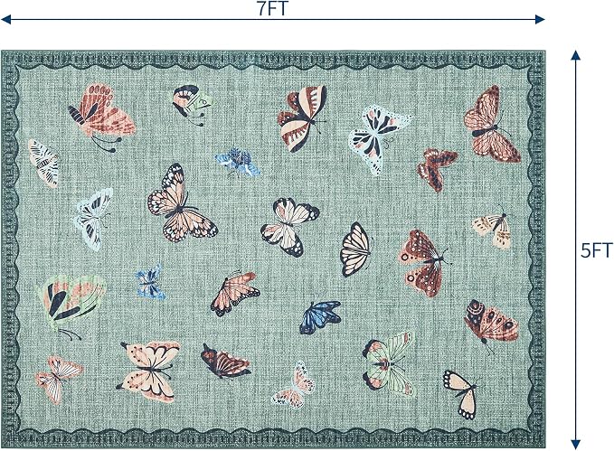 GarveeHome Butterfly Area Rug 5x7, No Slip Washable Rug, Modern Bedroom Rug Under Bed Ultra Carpet, Low-Profile Rugs for Living Room Bedroom Dining Room, Light Green
