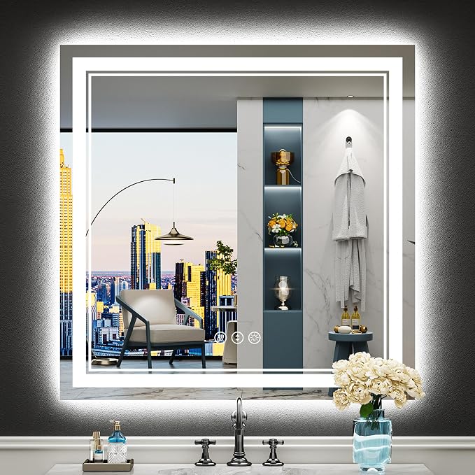 36x36 LED Bathroom Mirror, Backlit & Front Lit Lighted Mirror | Anti-Fog Vanity Mirror with Lights, 3 Color Dimmable, Memory, HD Tempered Glass, CRI95, IP54, UL Listed, Horizontal/Vertical