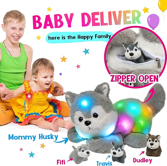 Hopearl LED Plush Husky Lighting Up Stuffed Mommy Dog with 3 Baby Puppies in her Tummy Stuffed Animal Playset Night Lights Glow in The Dark Gifts for Mom Toddler Boys Girls, Gray, 17''