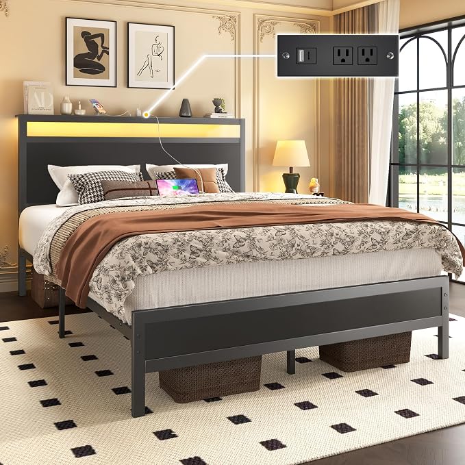 Fluest Full Bed Frame with Headboard & Footboard, Full Bed Frame with Built-in Charging Station & LED Light, Storage Shelf, Noise-Free, No Box Spring Needed, Easy Assembly, Classic Black