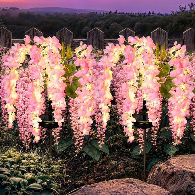 GIGALUMI 2 Pack Solar Wisteria Flowers Outdoor, 2 Modes, Pink | Flower Lights, IP65 Waterproof, Auto On/Off, Solar Powered, Garden Decor, for Pathway, Yard, Patio, Gardening Gifts for Women
