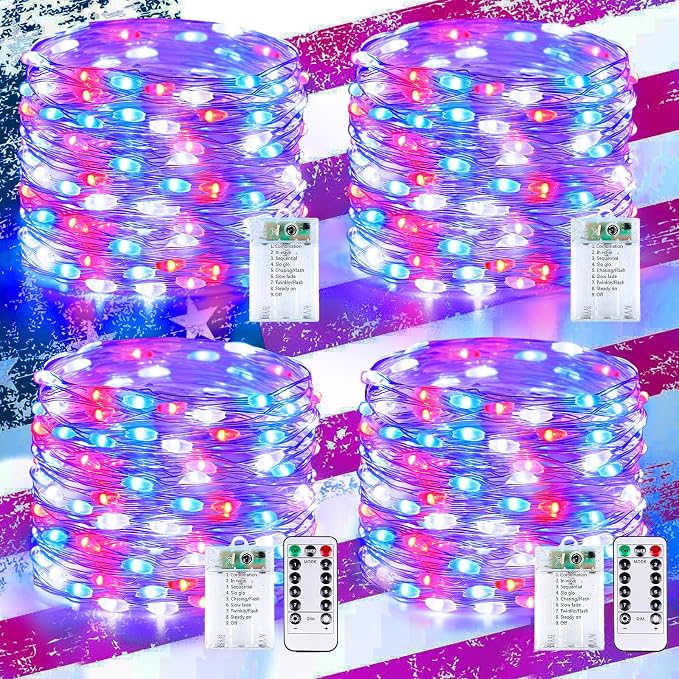 4Pack 80FT 240LED Red White and Blue Fairy Lights Battery Operated with Remote | 4th of July Decorations Twinkle Lights with Timer | American Flag Light for Independence Day Patriotism Decorations