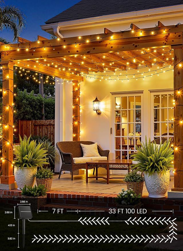Brightown Solar String Lights Outdoor Waterproof, 40FT 100 LED | Solar Powered Christmas Lights with 8 Modes, Auto On/Off, Patio Lights for Outside Tree Garden Party Decor (Warm White)