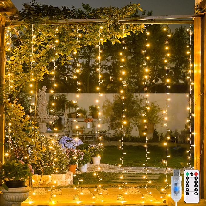 JMEXSUSS USB Plug in Curtain Lights 200 LED with 8 Modes, 6.5ftx6.5ft | Remote, Warm White Curtain Fairy Lights, String Lights for Bedroom, Classroom, Dorm, Wedding, Xmas, Party Decor