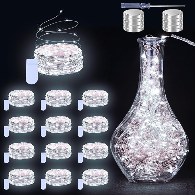 12 Pack Fairy Lights Battery Operated String Lights - 7ft 20 LED Waterproof Silver Wire Firefly Lights for DIY Wedding Décor Table Centerpieces Craft Mason Jars Party Decor(White)