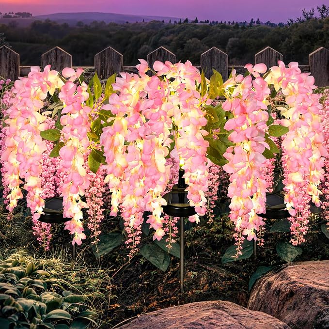 GIGALUMI 3 Pack Solar Wisteria Flowers Outdoor, 2 Modes, Pink | Flower Lights, IP65 Waterproof, Auto On/Off, Solar Powered, Garden Decor, for Pathway, Yard, Patio, Gardening Gifts for Women