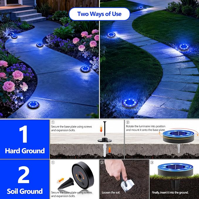 Joomer 2-in-1 Solar Lights Outdoor Waterproof, 12 Pack 8 LED, Blue | Solar Powered Garden Lights Ground Disc Landscape Lighting for Patio Pathway Lawn Yard Driveway Walkway Deck Step
