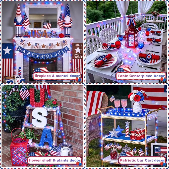 JMEXSUSS 100 LED Red White and Blue Fairy Lights for 4th of July Decor | 33ft USB Fairy Lights Plug in, 4th of July Lights for Indoor Outdoor Home Car Patriotic Memorial Independence Day Decorations