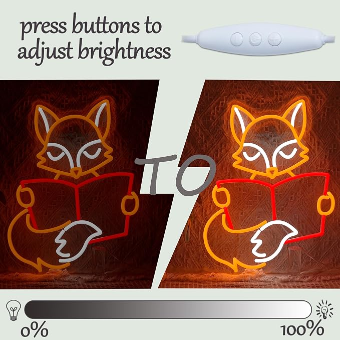 Fox Reading Book Neon Sign for Wall Decor USB Powered Read Books Light Up Sign Dimmable LED Fun Fox Neon Light for Home Bedroom Classroom Library Decor