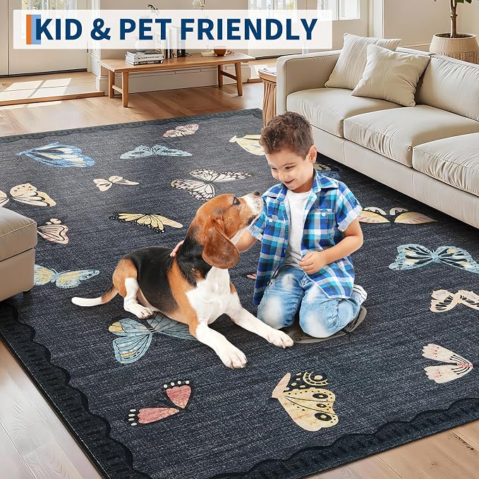 GarveeHome Butterfly Area Rug 5x7, No Slip Washable Rug, Modern Bedroom Rug Under Bed Ultra Carpet, Low-Profile Rugs for Living Room Bedroom Dining Room, Black