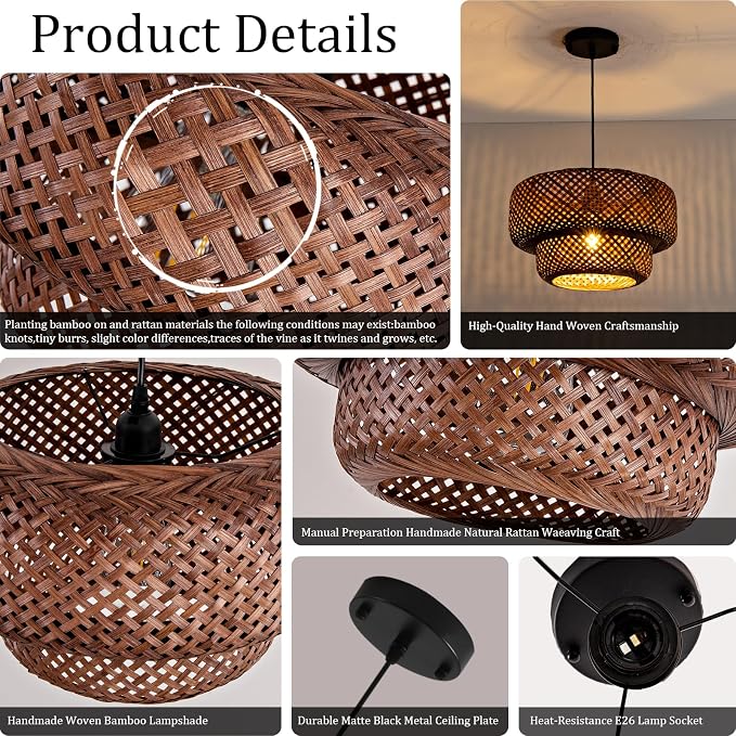 TeruTeru Ji Kaikang Bamboo Pendant Light,13.8" Brown Rattan Hanging Light | Boho Curry Bamboo Rattan Pendant Lights,Hand Woven Rattan Chandelier for Kitchen Island Dining Bedroom Living Room