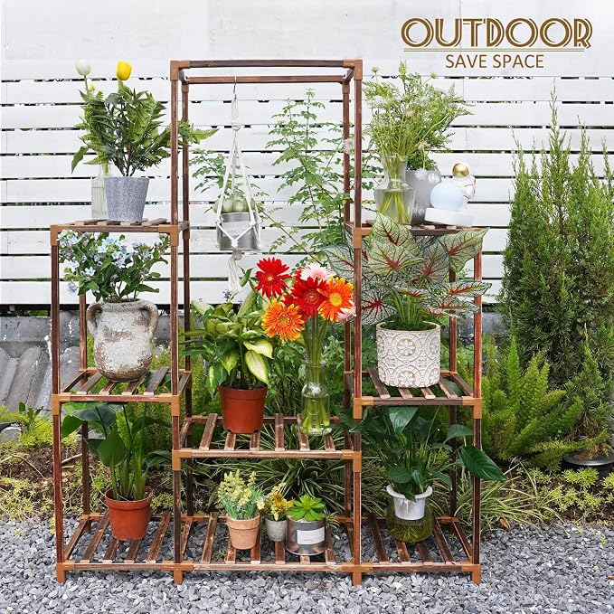 Plant Stand Indoor Outdoor Tall Shelf for Multiple Plants 8 Tiers 12 Pot Large Rack Pine Wood Corner Plant/Flower Holder for Room Corner Balcony