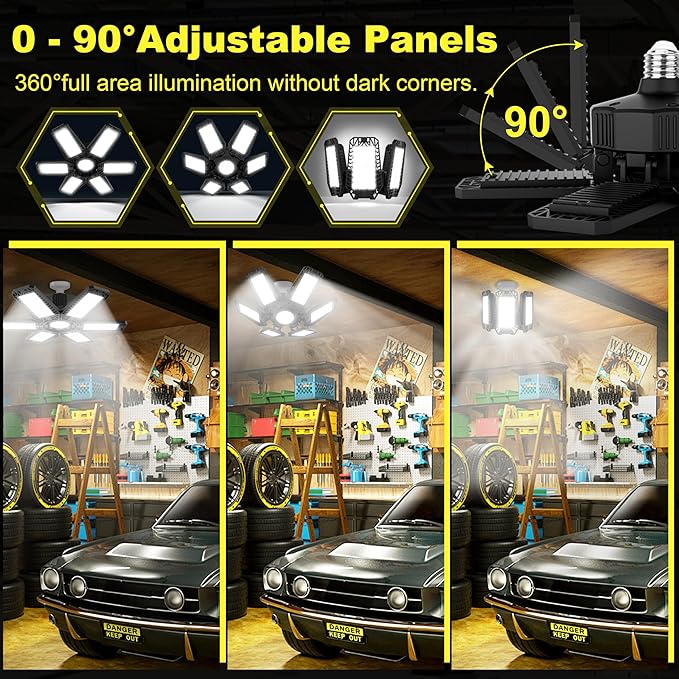 ISKYDRAW LED Garage Lights 185W, 2 Pack 18500LM Bright Shop Light with 6+1 Deformable Panels, 6500K Daylight Garage Ceiling Light Screw in E26/E27 Bulb Bay Lighting for Workshop Basement Barn Attic