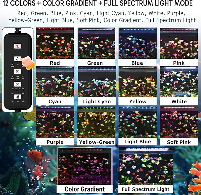 24/7 LED Aquarium Light for 12-18 Inch Plant & Fish Tank IP68, 12-Color & Gradient & Full Spectrum with Sunrise-Daylight-Moonlight, Auto On/Off, Brightness, Extendable Brackets for Freshwater