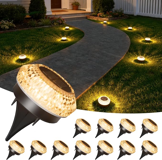 VOLISUN Solar Ground Lights Outdoor,12 Pack Flat Solar Pathway Lights | IP67 Waterproof Solar Powered Disc Lights,Landscape Lighting for Garden Yard Walkway Patio Driveway,Warm White