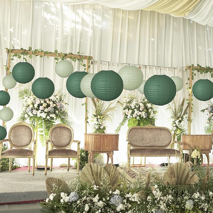 20Pcs Paper Lanterns Decorative, Green Round Hanging Lanterns for Wedding | 6"8"10" Hunter Green and Sage Green Paper Lanterns Decorations for Rustic Party Bridal Shower Birthday Home Classroom Decor