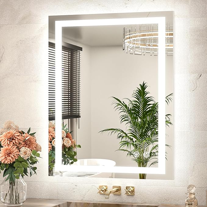 LED Bathroom Mirror 24 x 32 Brighter Front and Backlit LED Bathroom Vanity Mirror with Lights, Frameless Lighted Anti Fog Wall Mounted Mirror, 3-Color Dimmable, Tempered Glass, Waterproof