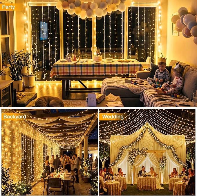 Ollny Curtain Lights 600 LED 19.7x9.8ft, Outdoor Waterproof String Lights for Backdrop, Fairy Light with Remote Timer 8 Modes, Plug in Christmas Light for Wall Wedding Patio Gazebo, Warm White