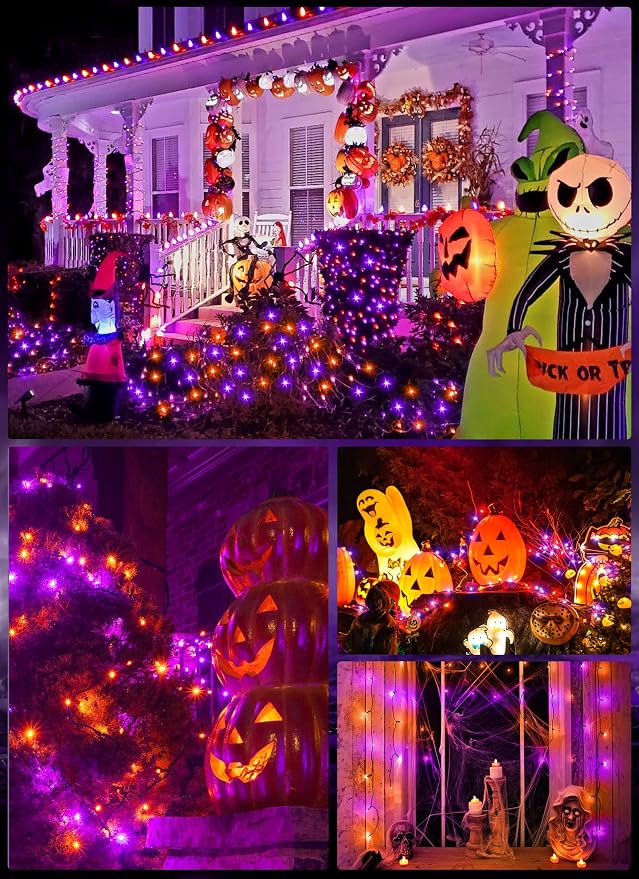 Minetom 2Pack Solar Halloween Lights Outdoor,Total 80FT 200LED String Light | Solar Halloween Decoration Outdoor with 8 Mode, Waterproof Solar String Lights for Outside Tree Yard, Orange & Purple