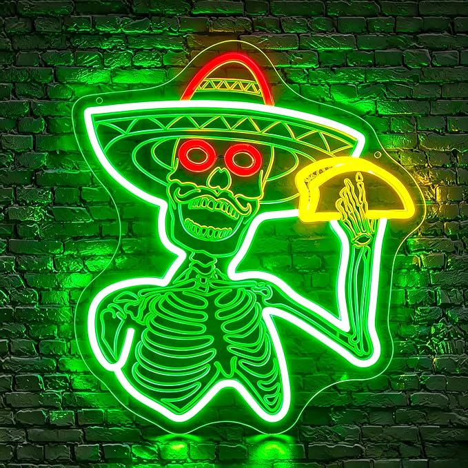 Neon Sign, Tacos Skul Neon Signs for Wall Decor LED Sign Neon Light | Green Skull Neon Sign, Skeleton Taco LED Signs for Mexico Restaurant, Mexican Kitchen, Halloween Decor, Gift, USB Powered