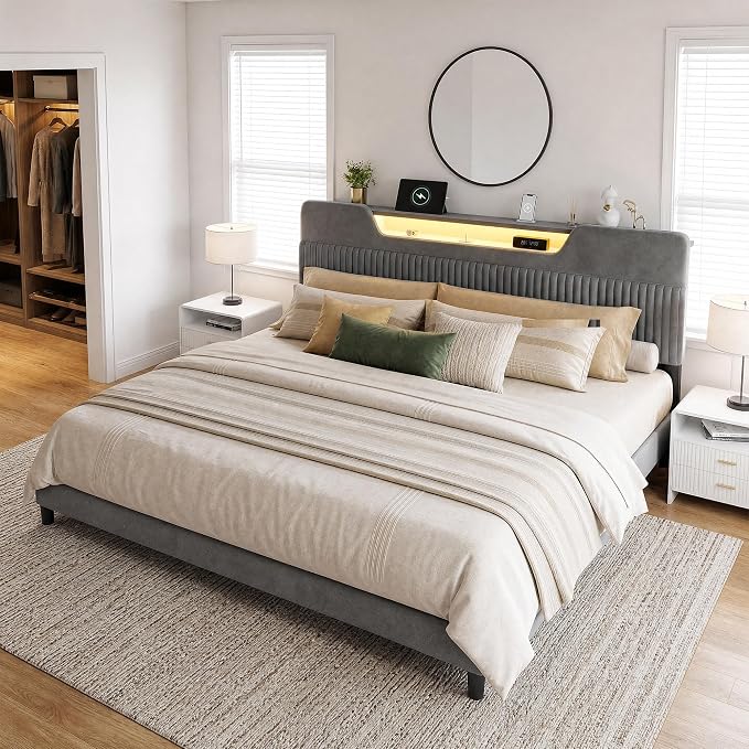 Homkdom King Bed Frame with Charging Station & Storage Headboard,Grey | 1USB-C & 2USB-A Charging, RGB LED Lights,7.78" Under-bed Storage,Velvet Upholstered Headboard,No Box Spring,Easy Assembly.