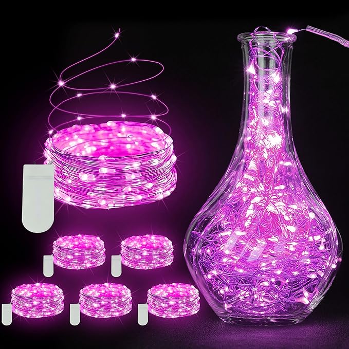6 Pack Fairy Lights Battery Operated String Lights - 7ft 20 LED Waterproof Silver Wire Firefly Lights for DIY Wedding Décor Table Centerpieces Craft Mason Jars Party Decor(Pink)