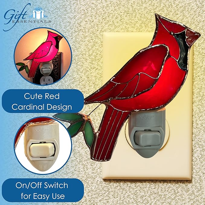 Gift Essentials Red Cardinal Plug in Night Light - Stained Glass Nightlight with On/Off Rocker Switch - Includes One 4 Watt Replaceable Incandescent Warm Glow Bulb