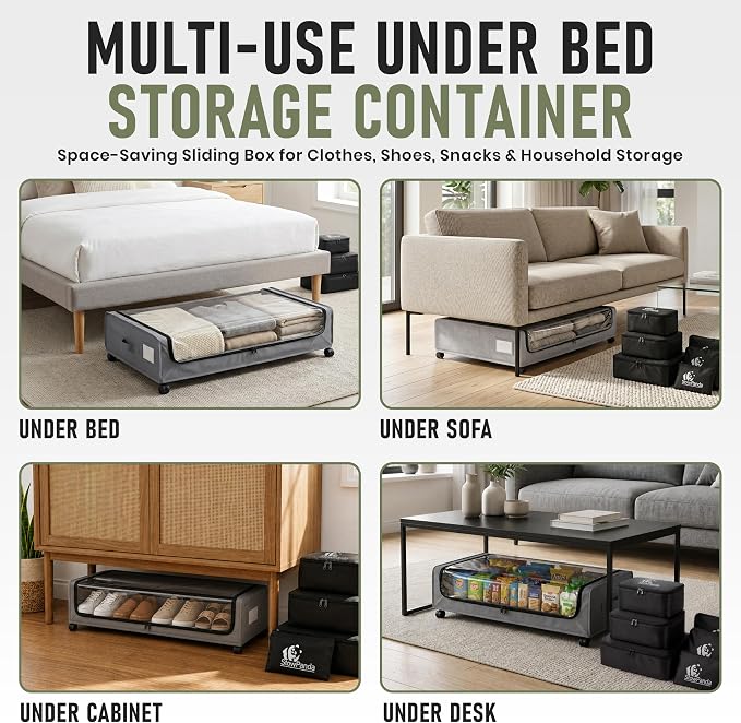 60L Under Bed Storage with Wheels, With 6 Travel Bags, 2-Pack, Light Gray | Rolling Underbed Storage Containers, Clear Lids, Heavy Duty Steel Frame, Organizer for Clothes Shoes Comforters Blankets Toys