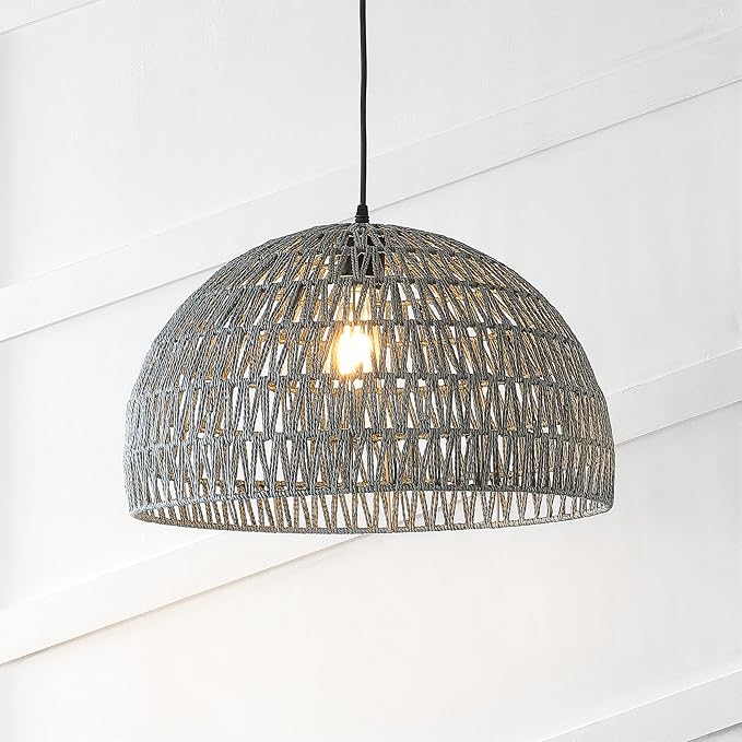 JONATHAN Y Campana 1-Light Pendant Dome Ceiling Lamp, 20", Gray | Modern Coastal Farmhouse Decor, Adjustable Height, Woven Rope Metal Frame, LED Bulb Included, UL Listed