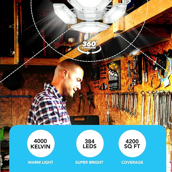 QUADBURST SHOPLIGHT PRO 360 LED - 8000 Lumens, 60 Watts - Bright Garage Light, Adjustable Panels Ceiling Fixture, Energy Saving LED Lighting for Workshop, Basement & Home improvement - As Seen on TV