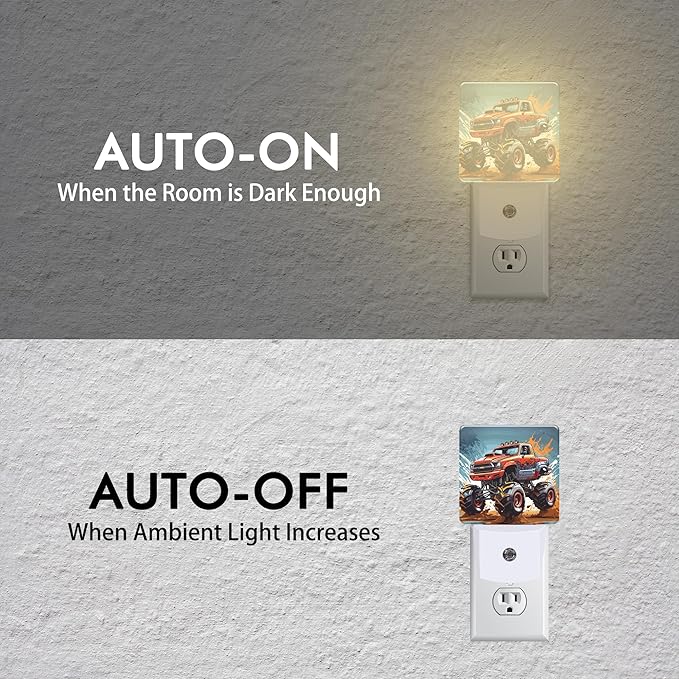 Cartoon Monster Truck Night Light,Plug into Wall with Dusk to Dawn Light Sensors,LED Nightlights for Bedroom,Bathroom,Kitchen,Hallway,Room Decor for Boys Girls Women Men