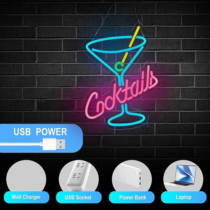 Cocktails Bar Neon Sign for Wall Décor Bar Beer Cocktil Neon Signs with Dimmer for Man Cave Wall Sign Decor(16X12inches)