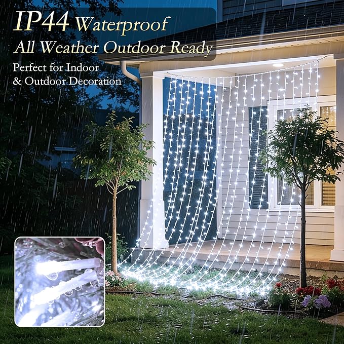 Curtain String Lights Indoor, 200LED 6.6 * 6.6FT USB Plug-in Window Curtain Lights with Timer and 8 Modes, Waterproof Cool White Curtain Fairy Lights for Bedroom Room Wedding Outdoor Decor