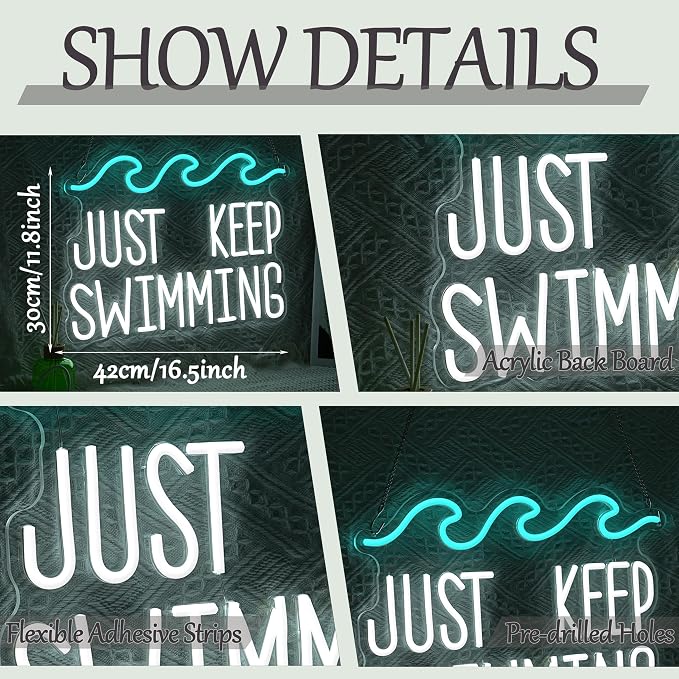 Just Keep Swimming Neon Sign USB Powered Motivational Swimming Pool Decor Neon Light Ice Blue Wave LED Light Up Sign for Wall Decor Classroom Room