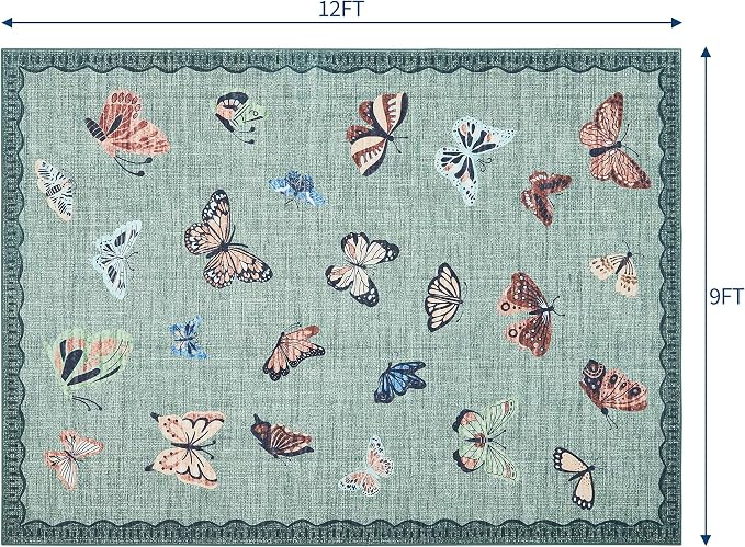 GarveeHome Butterfly Area Rug 9x12, No Slip Washable Rug, Modern Bedroom Rug Under Bed Ultra Carpet, Low-Profile Rugs for Living Room Bedroom Dining Room, Light Green