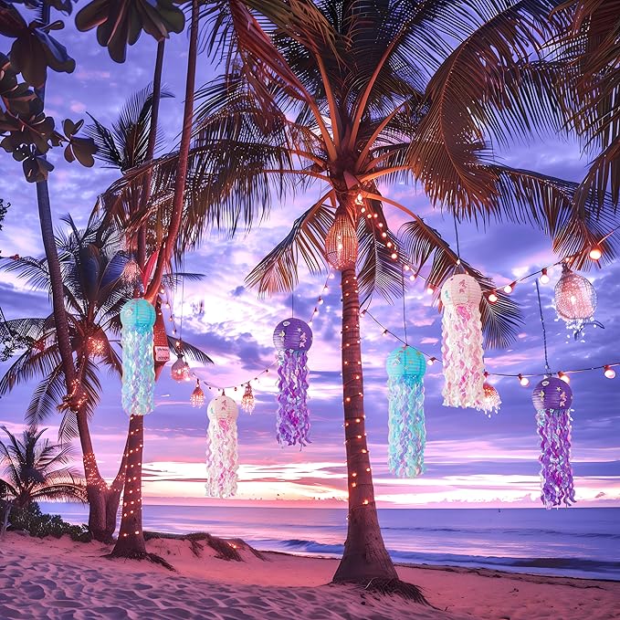 12" Colorful Jellyfish Lanterns - Mermaid Birthday Party Decorations, Under the Sea & Ocean Theme Hanging Jellyfish Decor for Classroom, Nautical Events, and Underwater Adventure (Set of 6)