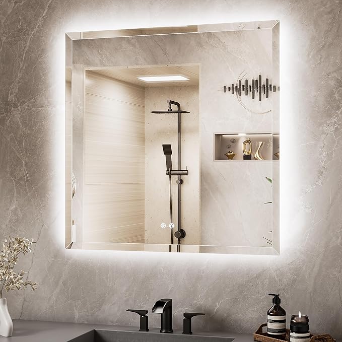 TETOTE 36 x 36 Square LED Mirror Backlit, Beveled Bathroom Mirror with Backlight, Safe Tempered Glass, 3 Color Temperature, Defogger, Dimmable, Smart Bathroom Mirror, Wall-Mounted Vanity Mirrors