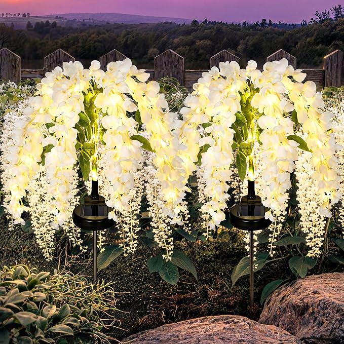 GIGALUMI 2 Pack Solar Wisteria Flowers Outdoor, 2 Modes, White | Flower Lights, IP65 Waterproof, Auto On/Off, Solar Powered, Garden Decor, for Pathway, Yard, Patio, Gardening Gifts for Women
