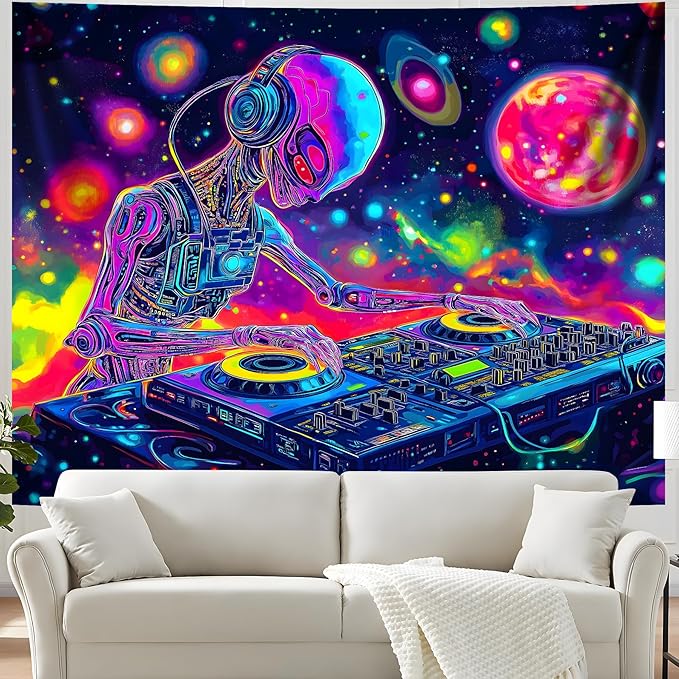 BVBOX Blacklight Space Astronaut Tapestry UV Reactive Galaxy Planet Glow in Dark Tapestries Black Light Poster Neon Wall Hanging Art for bedroom Living Room (Alien 2-1M)