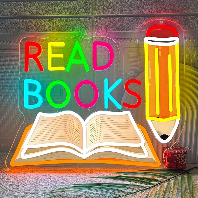 Read Books Neon Sign Printed Pencil and Book Neon Light for Wall Decor | USB Dimmable Read LED Neon Signs for Classroom Reading Room Bookstore Library Bedroom Study Room Bookish Decoration for Teens