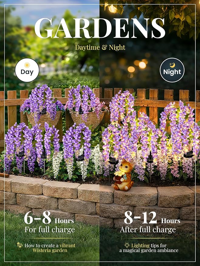 GIGALUMI 3 Pack Solar Wisteria Flowers Outdoor, 2 Modes, Purple | Flower Lights, IP65 Waterproof, Auto On/Off, Solar Powered, Garden Decor, for Pathway, Yard, Patio, Gardening Gifts for Women