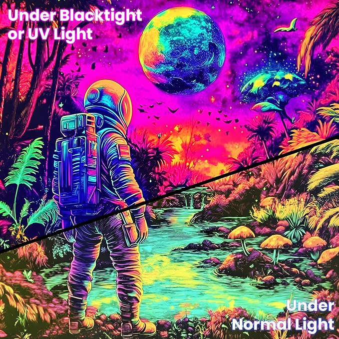 BVBOX Blacklight Space Astronaut Tapestry UV Reactive Galaxy Planet Glow in Dark Tapestries Black Light Poster Neon Wall Hanging Art for bedroom Living Room (Astronauts & Space -UV-1M)