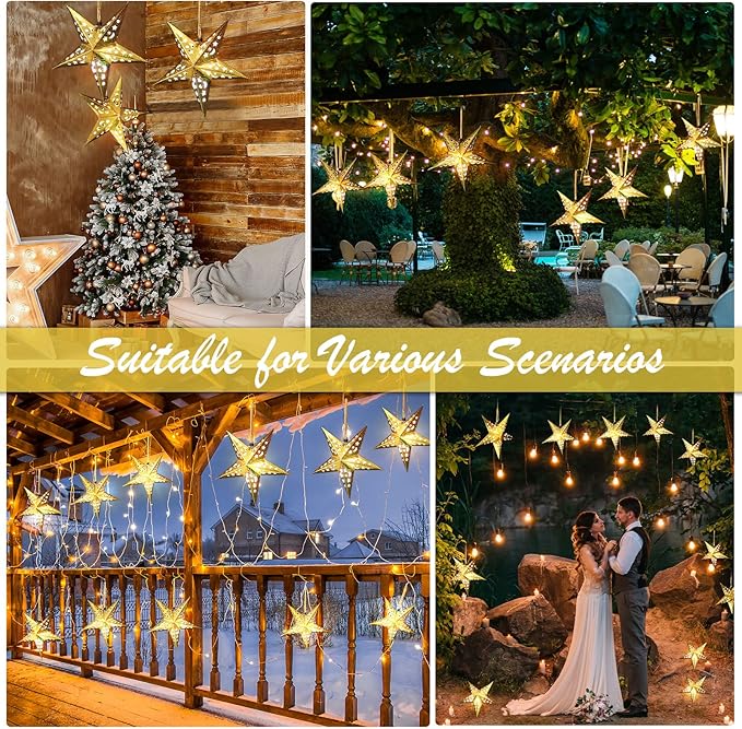Zhanmai 10 Pcs Large 3D Gold Paper Star Lantern with 10 LED Lights 11.8 Inch 5 Point Hollow Hanging Paper Star Lampshade Decoration Light Lanterns for Wedding Birthday New Year Party Home Decor