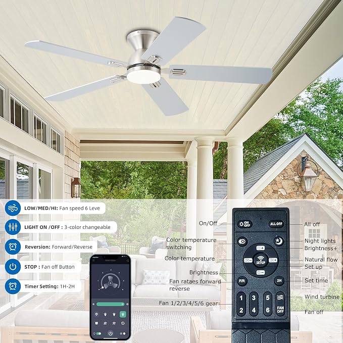 KNUN Ceiling Fans with Lights,52 Inch Low Profile Ceiling Fans with Remote Control and App,3 Color Dimmable LED, 6 Speeds DC Reversible,Noiseless, Flush Mount Ceiling Fan for Bedroom, Outdoor Patio