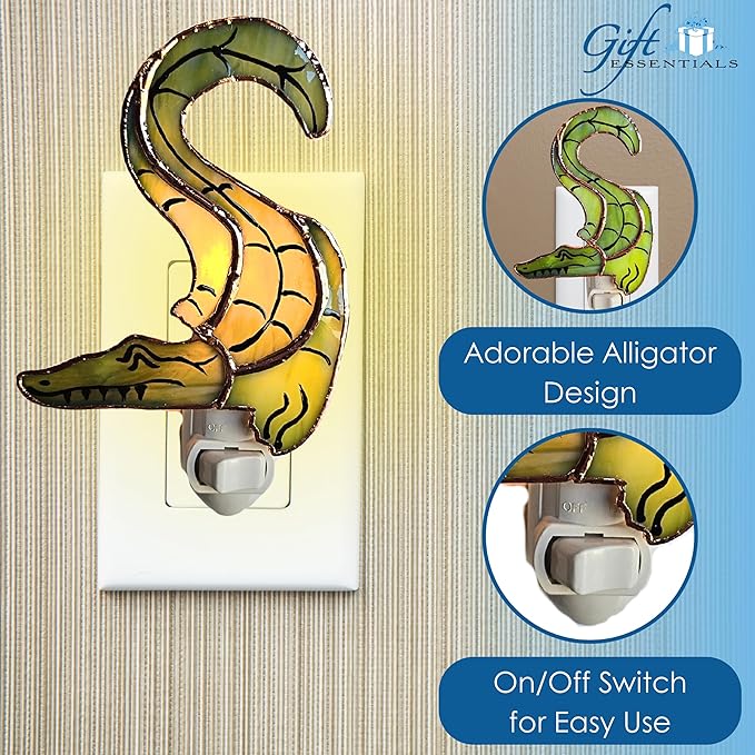 Gift Essentials Alligator Plug in Night Light - Stained Glass Nightlight with On/Off Rocker Switch - Includes One 4 Watt Replaceable Incandescent Warm Glow Bulb