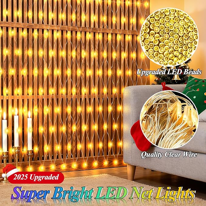 Lovelite 120 LED Christmas Net Lights, 5ft x 5ft Mesh Lights Outdoor 8 Modes Timer, Waterproof Connectable String Lights Clear Wire Plug in for Bushes Lawns Garden Holiday Wedding Party - Warm White