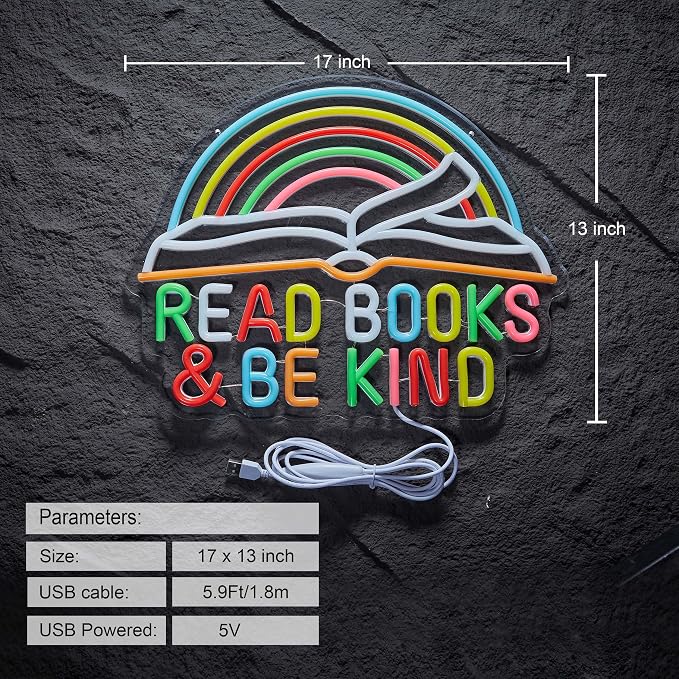 Read Books Neon Sign Read Books and Be Kind Neon Signs for Wall Décor Dimmable Colorful Rainbow Light Classroom Reading Room Bookstore Bookish Decor Compatible with Timer